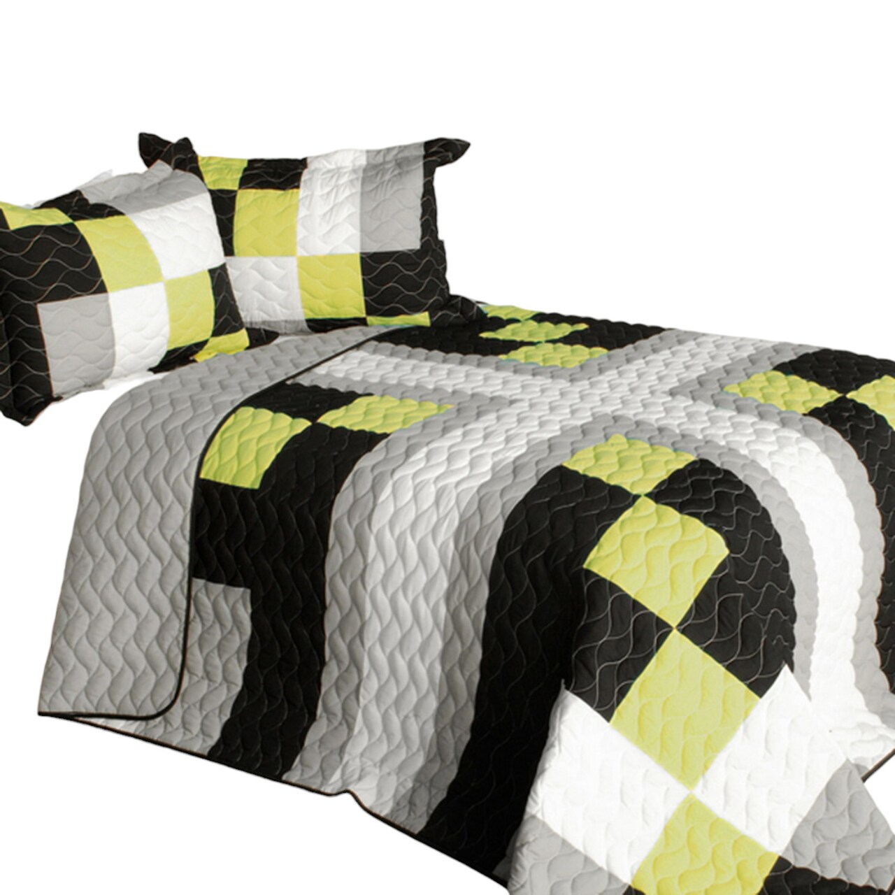 Full/Queen 3-Piece Reversible Patchwork Quilt Set Vermicelli Quilting, Handmade Geometric Design & Zipper Shams